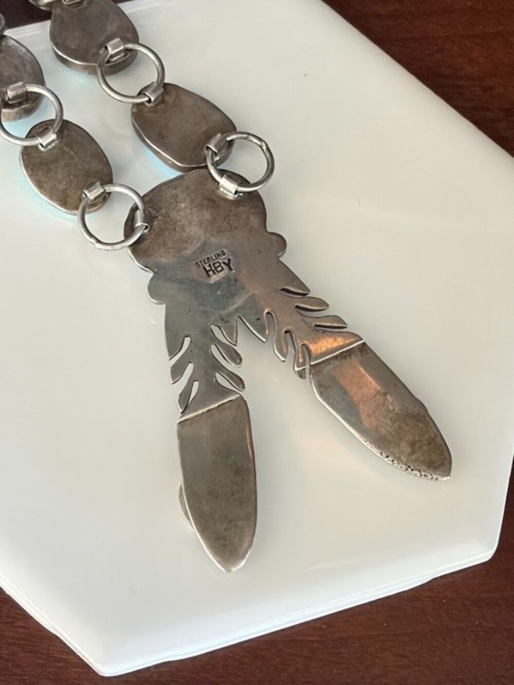 Vintage HBY Harry B Yazzie Navajo Sterling Turquoise Coral Feather Necklace - Picture 7 of 10